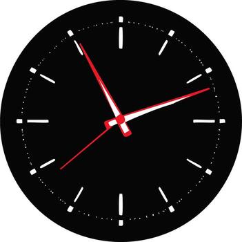 Modern black analog clock face with red and white hands showing approximate time vector