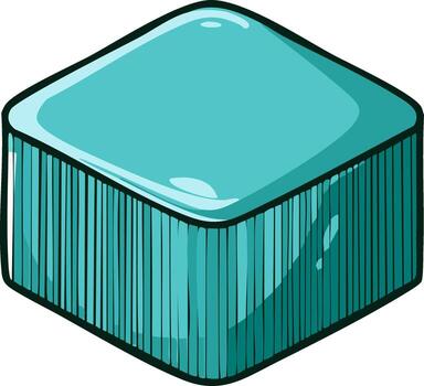 Isometric cartoon cube, aqua color with highlights, outlined and shaded with vertical lines vector