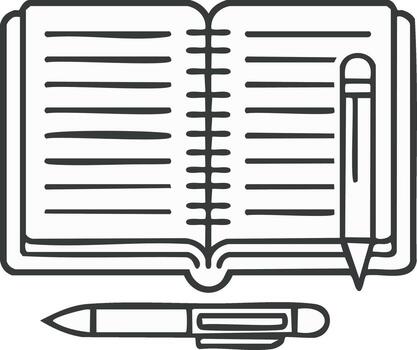 Open Spiral Notebook with Blank Lined Pages Accompanied by a Pen and Pencil in Line Art Style vector