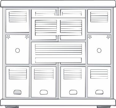 Hand drawn illustration of a multi compartment storage cabinet with various drawers and locker sections vector