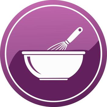 White mixing bowl and whisk icon inside a purple circle with a shadow effect vector