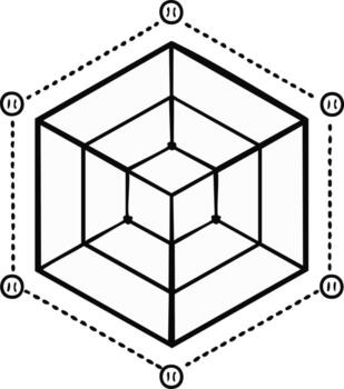 Abstract Hand Drawn Hexagon Cube Structure with Face Icons and Dotted Outlines vector