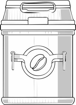 Minimalist line art illustration of a coffee container with a single bean emblem on the front vector