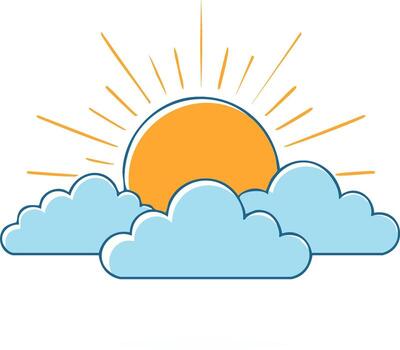 Bright sun rising from behind fluffy clouds with golden rays of light spreading out vector