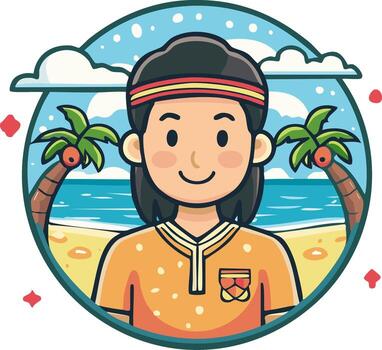 Woman with Headband on Beach in Round Frame with Palm Trees and Ocean vector