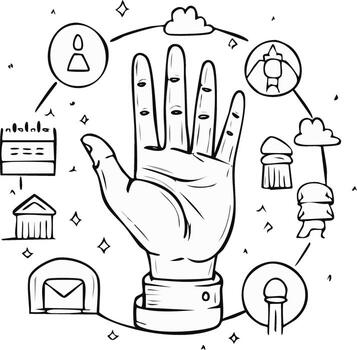 Outline Illustration of Hand Connected to Icons Representing Daily Tasks and Responsibilities vector