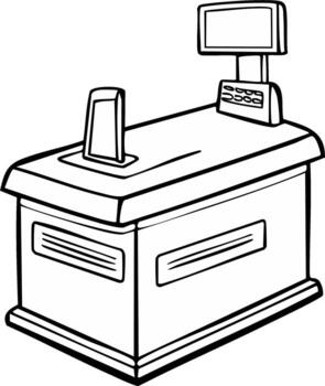 Monochrome line drawing of a retail store checkout counter desk with scanner and display screen vector