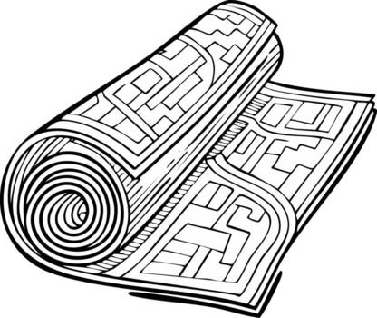 Black and white line art drawing of a partially rolled oriental rug with a geometric pattern vector