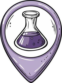 Hand drawn doodle icon of a map pin with a chemical flask for a science or research location vector