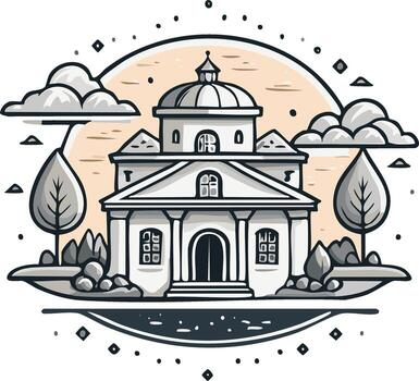 estilizado blanco edificio con un Hazme y columnas rodeado por arboles y nubes debajo un calentar cielo vector