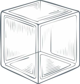 Hand drawn glass cube illustration in a sketchy line art style. Transparent empty box graphic vector