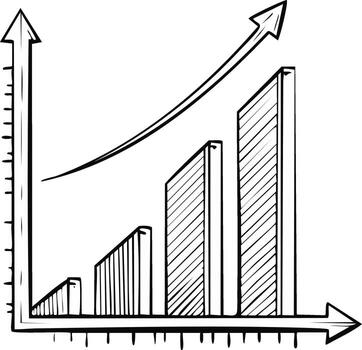 Hand drawn business growth chart illustration with increasing bar graph and arrow vector