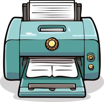 Cartoon style retro printer machine with paper loaded for document printing and office tasks vector