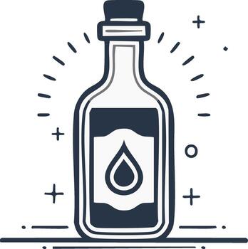 Line art icon of a glowing magic potion bottle with a drop symbol on the label vector