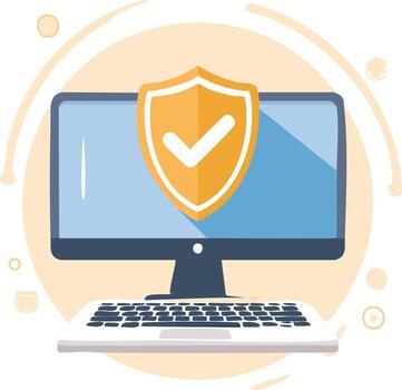 Computer Security Shield Icon on Desktop Monitor with Keyboard for Online Data Protection vector