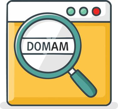 Magnifying glass on computer screen with domain text and browser buttons vector