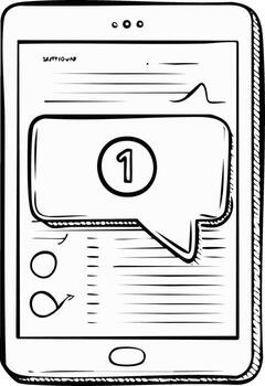 Drawn tablet screen showing chat bubble with number one and data vector