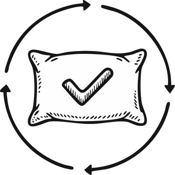 Pillow with check mark within circular rotation arrows sketch doodle illustration vector