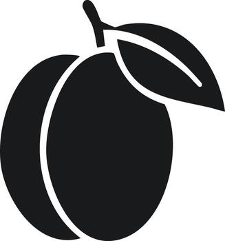 Simple black icon of a plum with a leaf and stem against a white background vector