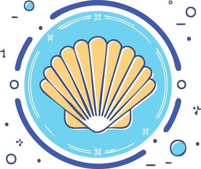Stylized yellow scallop shell icon with abstract marine elements in a decorative circular frame vector