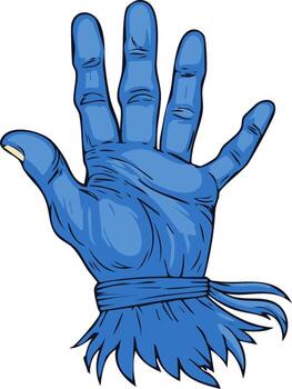 Mystical blue open hand illustration with unique stylized wrist binding and feather-like elements vector