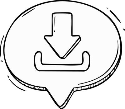 Sketchy download icon with an arrow and tray in a speech bubble, hand-drawn digital symbol vector