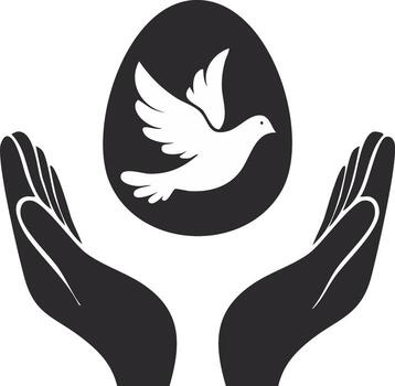 dos abierto manos sostener un oscuro huevo con un blanco paloma volador dentro representando esperanza y nuevo principios vector