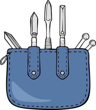 Blue tool bag with assorted sculpting tools, carving equipment, engraving set and sharp utensils in a cartoon style vector