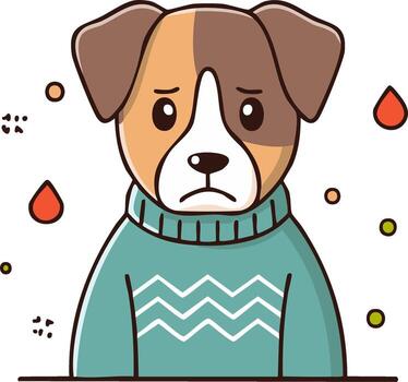 Sad dog in a sweater with tears and droplets surrounding it, representing sadness or illness vector