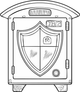 Stylized black and white drawing of a secure vault with a shield symbol and digital display vector