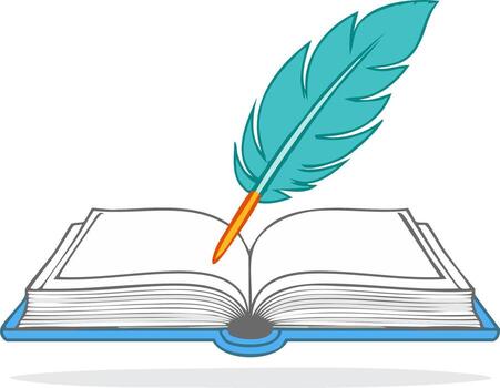 An open book with a feather pen on top vector