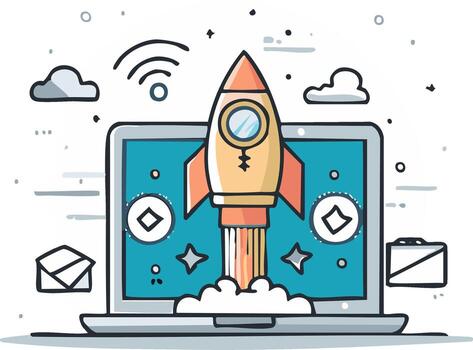 garabatear estilo cohete lanzamiento desde ordenador portátil pantalla simbolizando puesta en marcha y digital innovación vector
