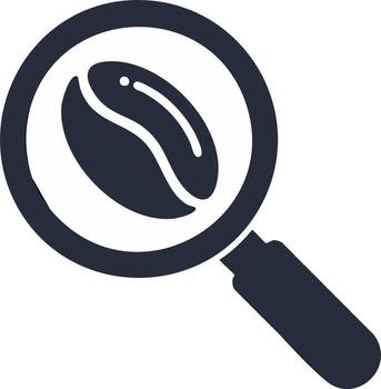 Magnifying glass inspecting a coffee bean icon for quality selection and analysis vector