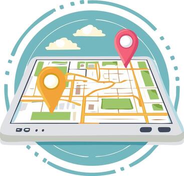 Digital map on tablet showing location pins and city grid vector