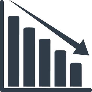 Decreasing bar graph with downward arrow icon representing financial loss, recession, and business failure vector