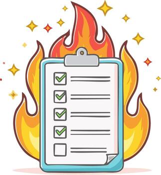 Cartoon image of a checklist on fire with checkmarks and star bursts vector
