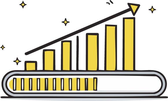 Hand drawn yellow bar graph with upward trend and progress loading bar indicating business success development vector