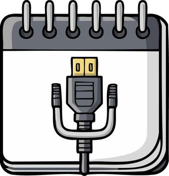 Illustrated calendar page with HDMI cable binding, symbolizing digital technology scheduling and media events vector