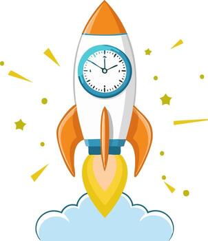 Cartoon rocket ship with clock face launching into sky with clouds and stars vector