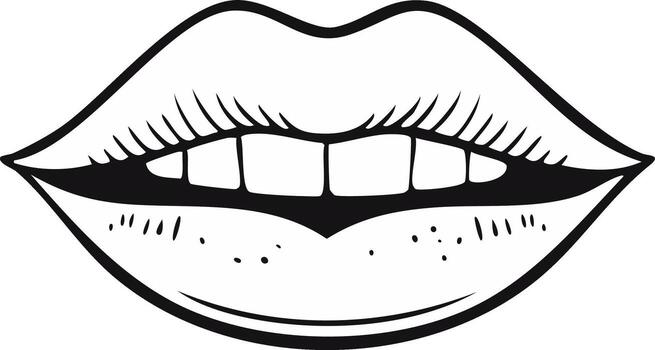 Monochrome drawing of smiling open lips with teeth, pop art style illustration vector