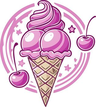 Pink Cherry Ice Cream in a Waffle Cone with Soft Serve Swirl and Stars vector