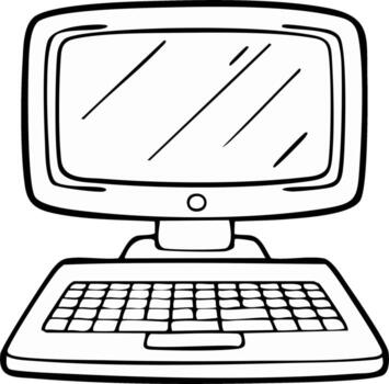 Monochrome outline drawing of a classic portable laptop computer digital device icon vector