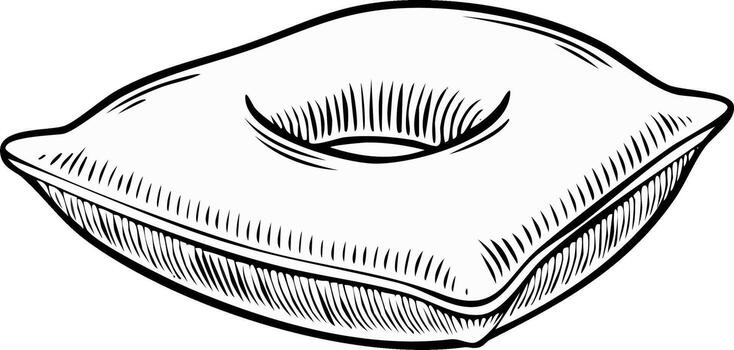 Engraved illustration of a comfortable pillow with a hole in the center, artistic and simple vector