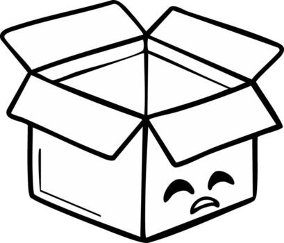 Sad Cardboard Box Character with Open Flaps Black and White Doodle Style Art vector