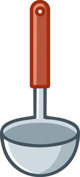 Cartoon ladle with red handle and gray bowl for cooking and serving soup vector