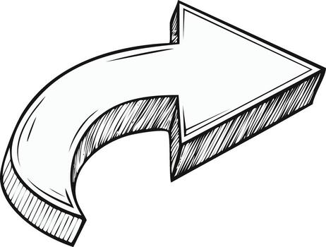 Hand drawn three-dimensional curved arrow pointing right sketch icon vector