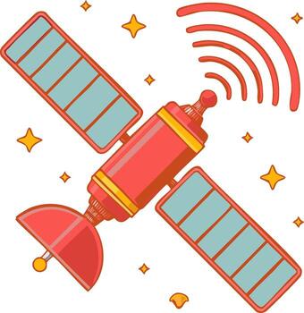 Satellite illustration floating among stars generating radio waves for science technology communication and space exploration vector