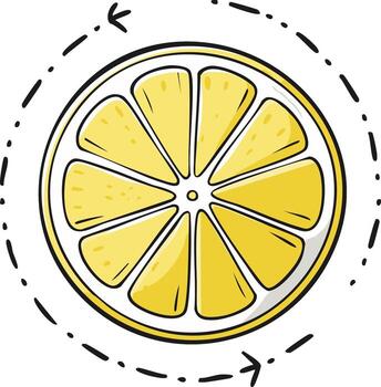 Vibrant hand drawn lemon slice with circular dashed arrow and check marks vector