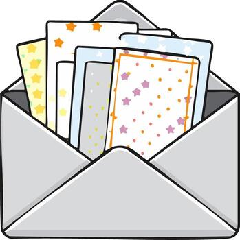 Silver envelope overflowing with colorful patterned cards and papers featuring stars and dots vector