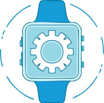 azul reloj inteligente con interno engranaje mecanismo y circular movimiento líneas representando tecnología y mecánica vector